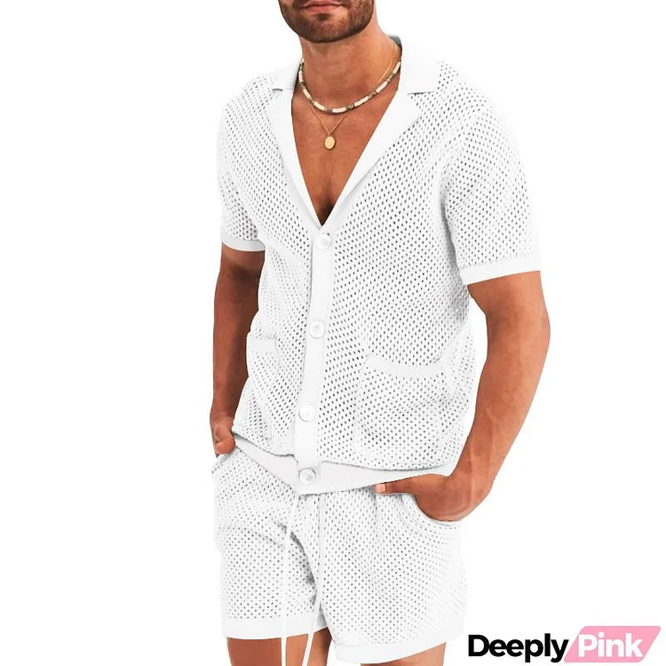 Men's Fashion V-Neck Short-Sleeved Hollow Knitwear And Shorts Two-Piece Set