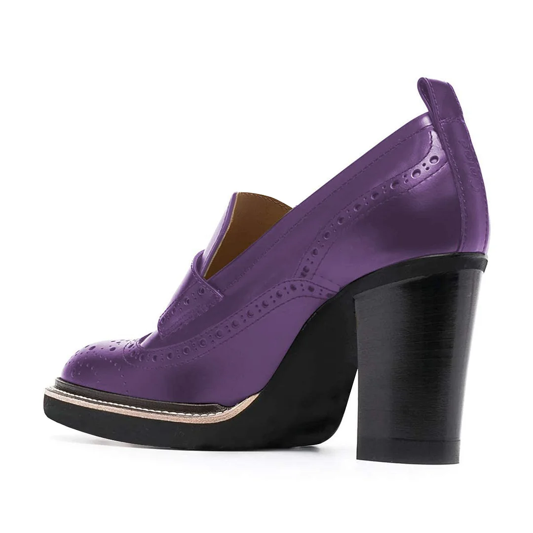 Chic Vegan Leather Round Toe Perforated Loafer Heels in Purple