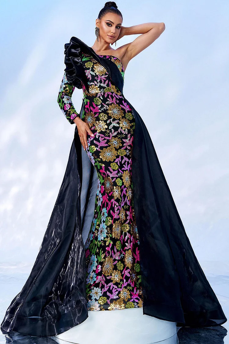 Floral Plant Sequin One Shoulder Overskirt Mermaid Maxi Dress-Black