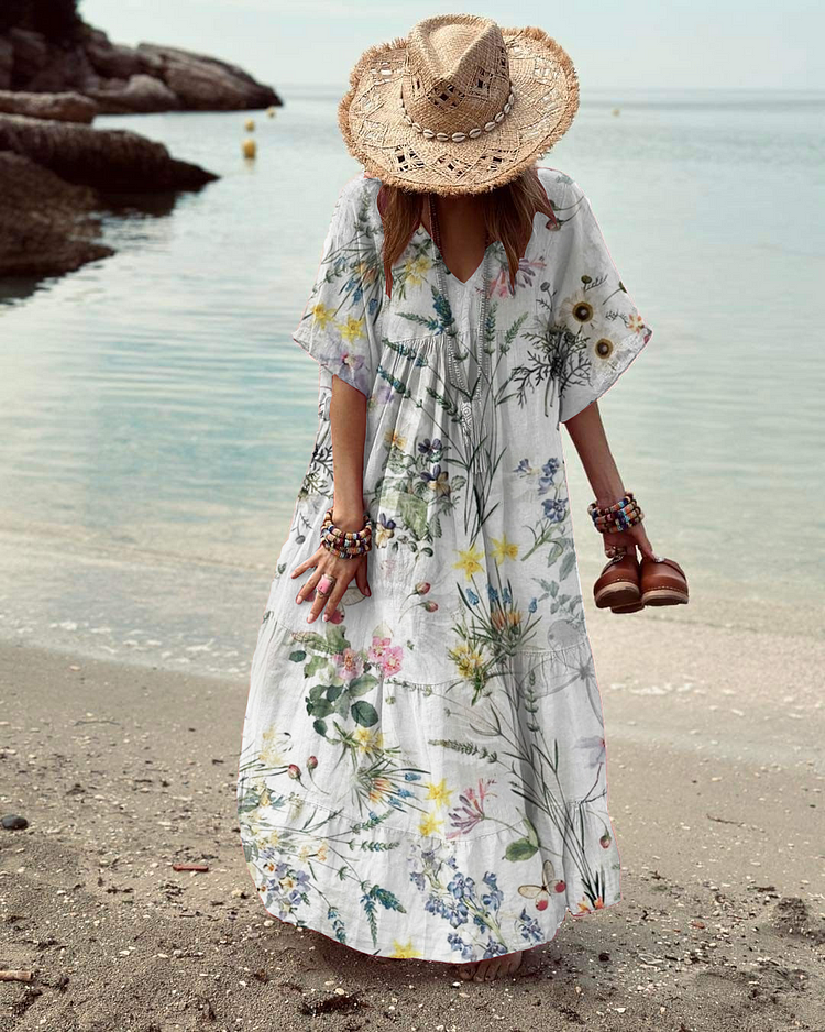 Women's V-Neck Floral Print Beach Dress socialshop