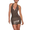 Plus Size Women Beach Party Vocation Halter Dress PVC Leather Deep V-neck Sleeveless Stretch Mini Dress Sexy Wrap Hips  Attire