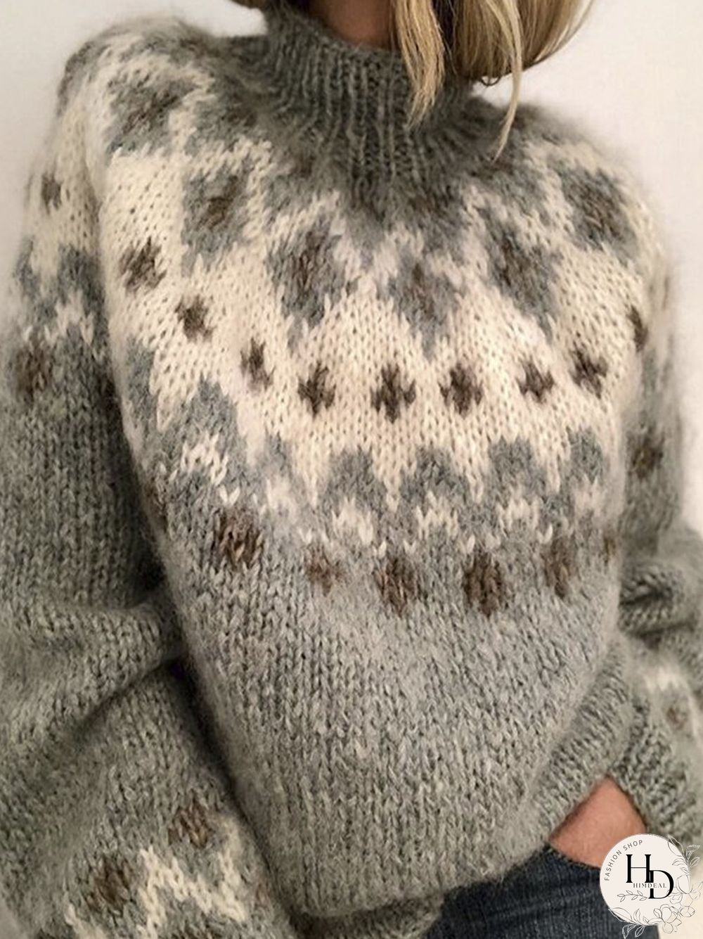 Vintage Jacquard Printed Casual Pullover Knit Women Sweater