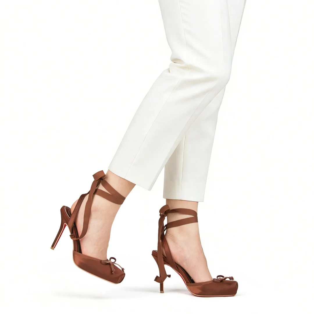 100mm women's red bottom satin ribbon lace-up square toe party wedding shoes-MERUMOTE