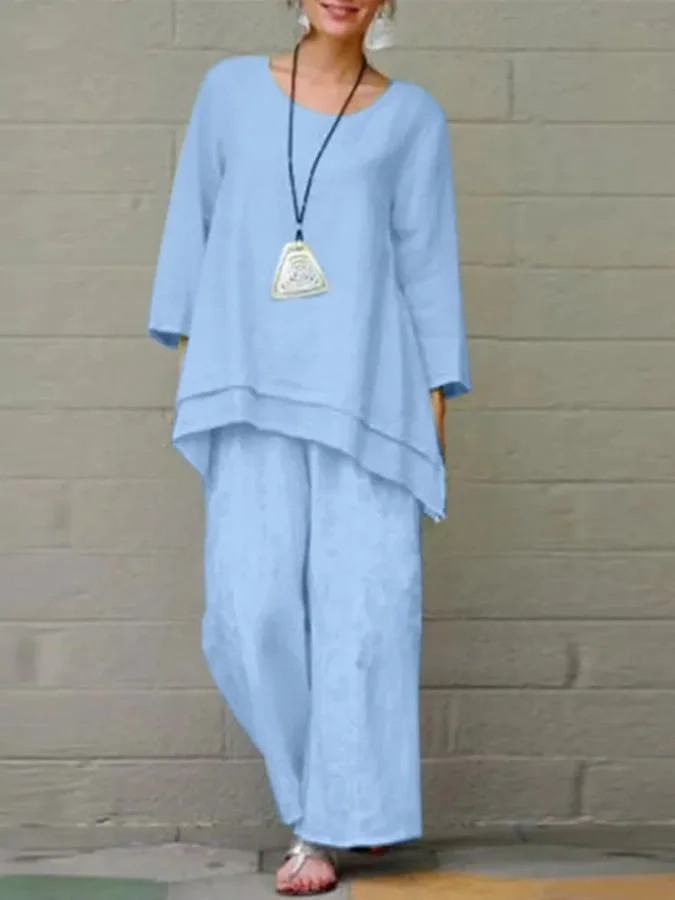 Women'S Solid Color Cotton And Linen Two-Piece Set