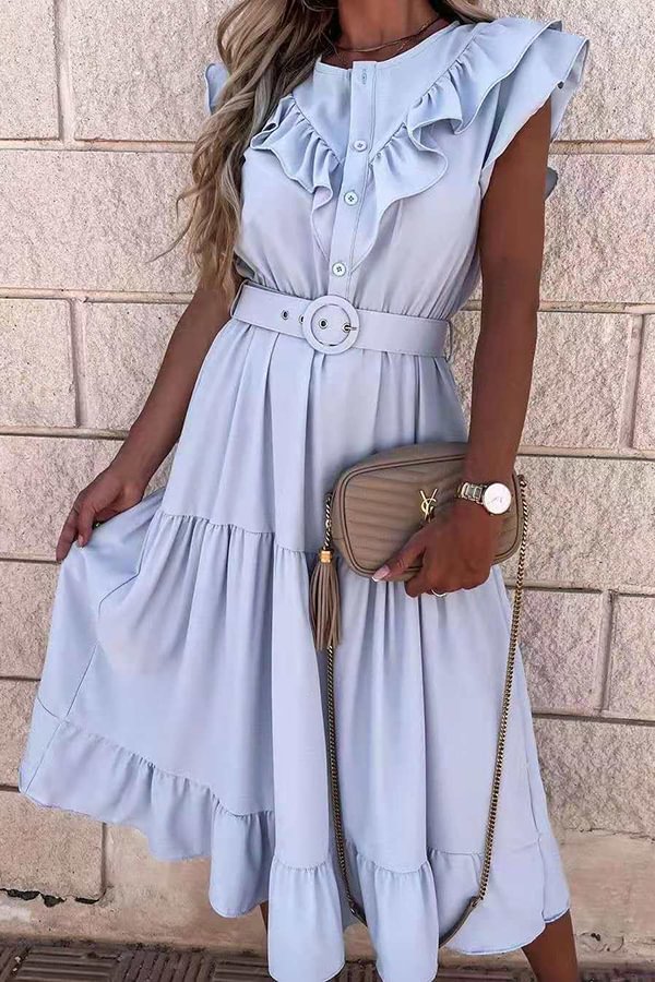 Fashion Casual Solid Color Ruffled Dress With Belt