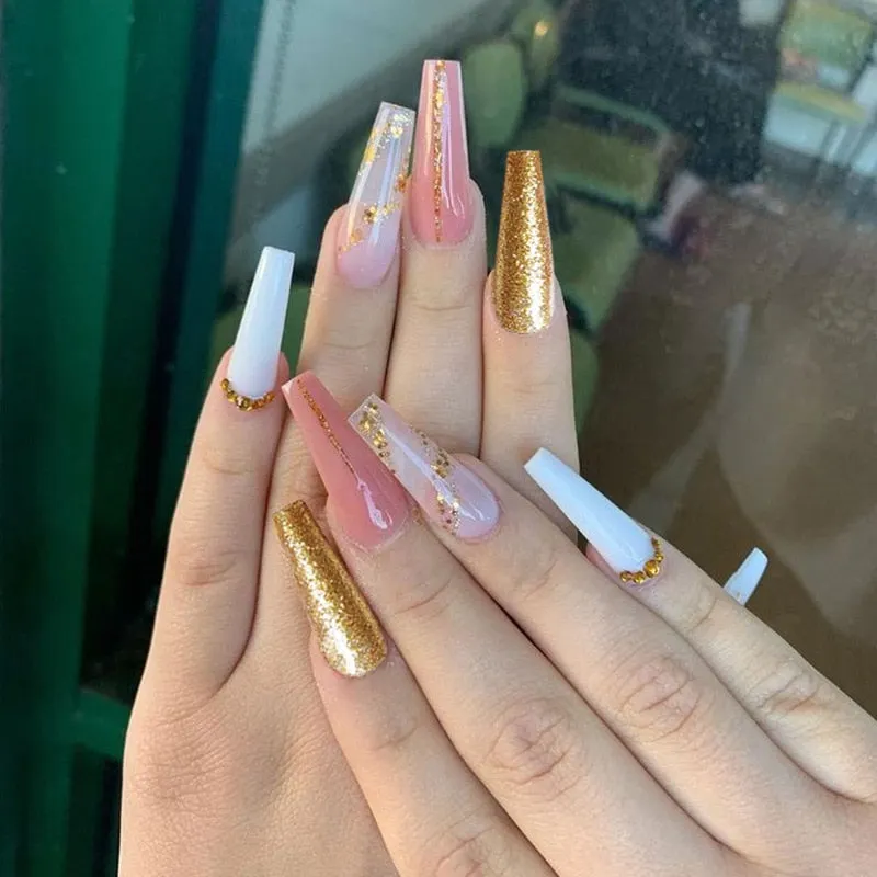 24pcs Long Coffin False Nails Wearable Ballerina Fake Nails Orange gradient gold foil nails Full Cover Nail Tips Press On Nails-Nail Inspo