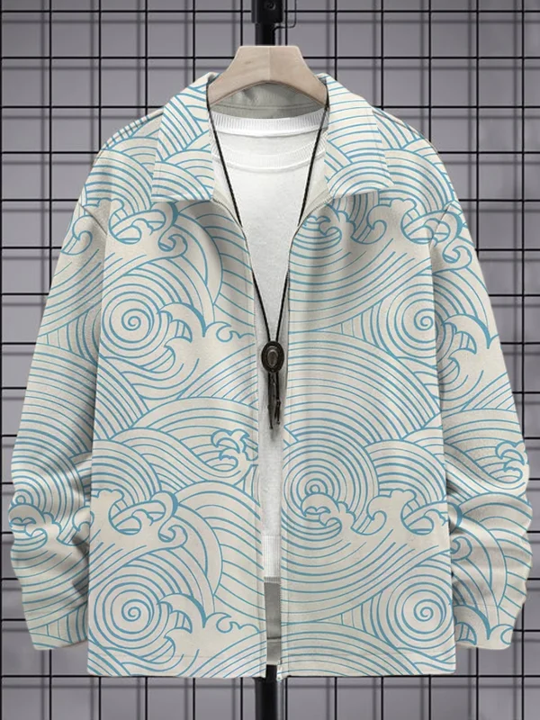 Men's Japanese Art Wave Pattern All Over Print Casual Zip Up Jacket