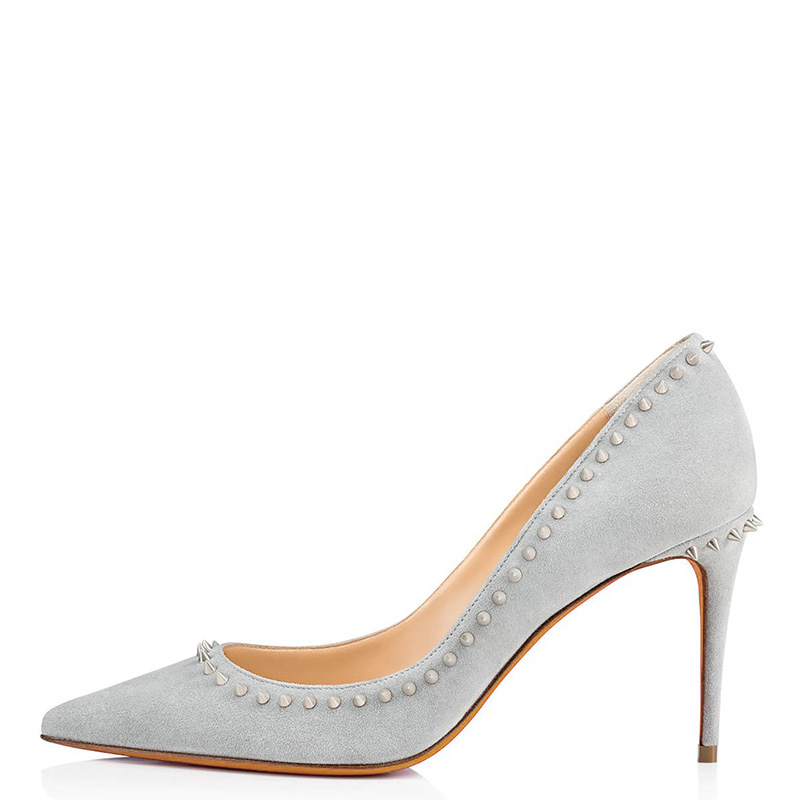 TAAFO Woman Flock Rivet Casual Stilettos Pumps Pointed Toe High Thin Heels Office Lady Shoes 