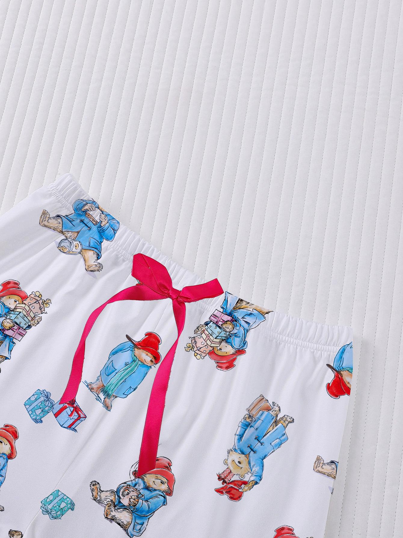 3-Piece Casual Women Pjs Pajama Set with Padding Bear Print, Short Sleeve Button-Up Top and Loose Shorts and Long Pants, Stylish Comfortable Sleepwear & Loungewear for Everyday and Holiday