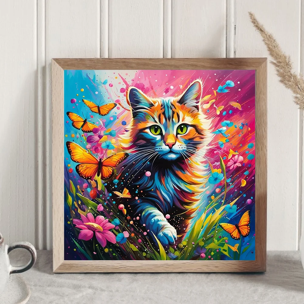 Diamond Painting - Full Round Drill - Cat Butterfly(Canvas|30*30cm)