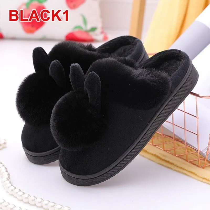 Women Shoes Rabbit Ear Floor Indoor Cotton Slippers Autumn Winter Warm Fur Slippers Women Non-Slip Platform Shoes Home Shoes