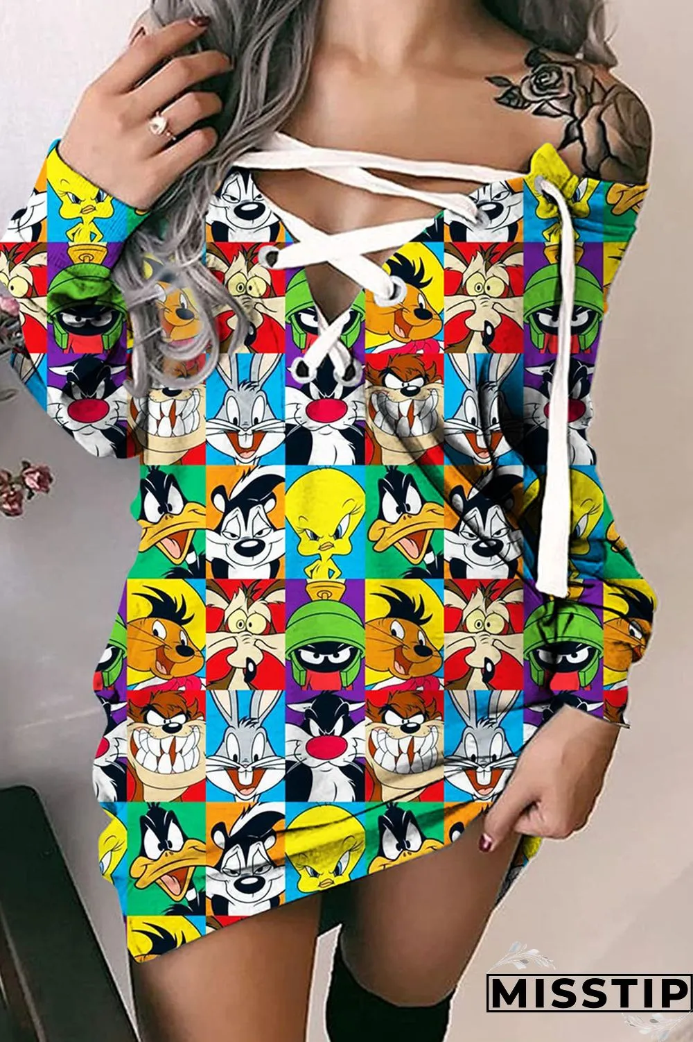 The cowboy blue Casual Street Print Bandage Patchwork V Neck Dresses