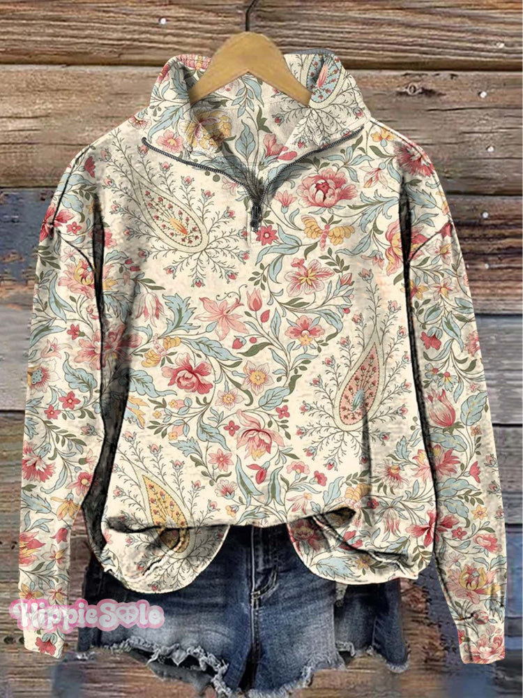 Vintage Paisley Floral Print Casual Long Sleeve Zip Sweatshirt Multicolor / S
