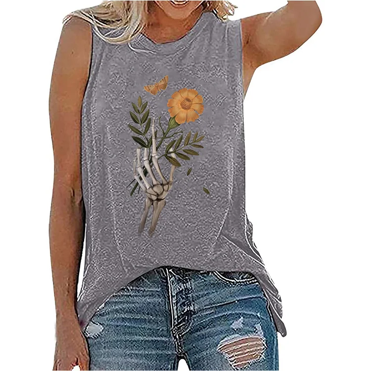 Vintage Women Sleeveless Tshirt Skeleton Hand Print Funny Tee Shirt Femme Harajuku Ladies Tops Women Aesthetic T Shirt Clothing