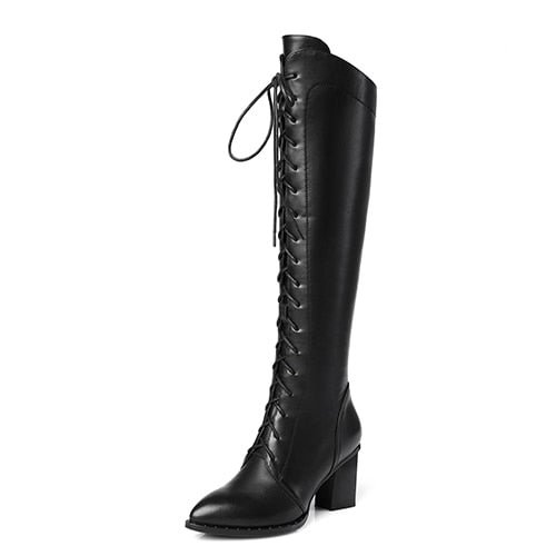 Gdgydh Spring Women Winter Knee High Boots Lacing Black Female Genuine Leather Boots Ladies Square High Heels Rubber Sole Shoes