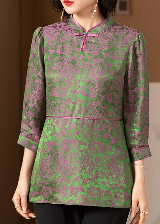 Elegant Green Stand Collar print Patchwork Silk Tops Three Quarter sleeve CK1408- Fabulory