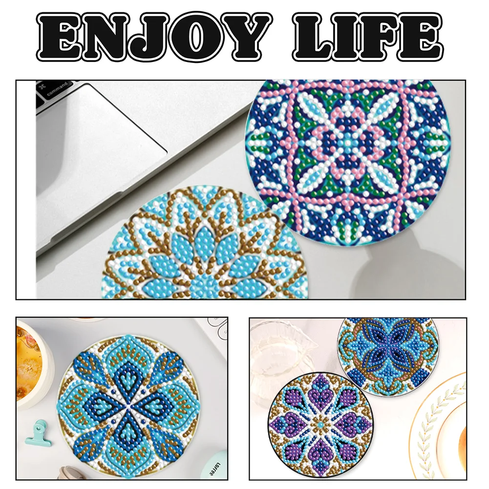 6pcs DIY Mandala Diamond Crafts Coasters with Holder Wooden DIY Coaster