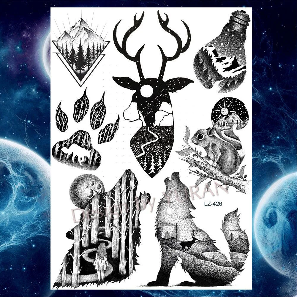 Tribal Forest Animals Black Galaxy Triangle Wolf Animals Temporary Tattoo Stickers Women Men Deer Tatoo Waterproof Arm Tattoos