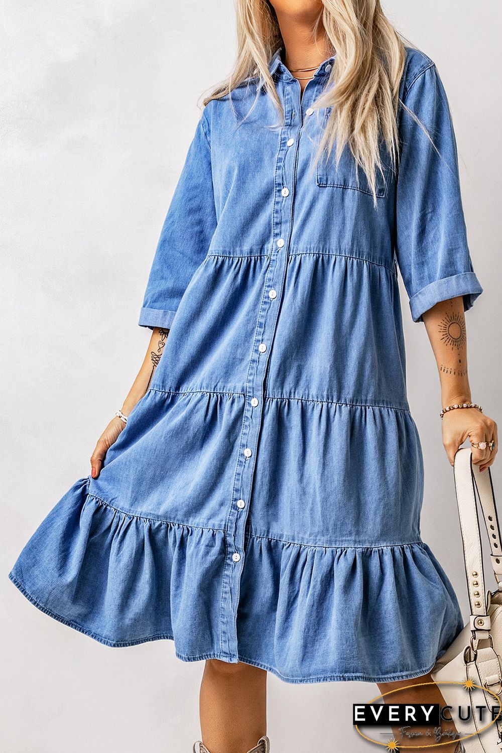 Sky Blue Ruffled Denim Full Buttoned Midi Dress