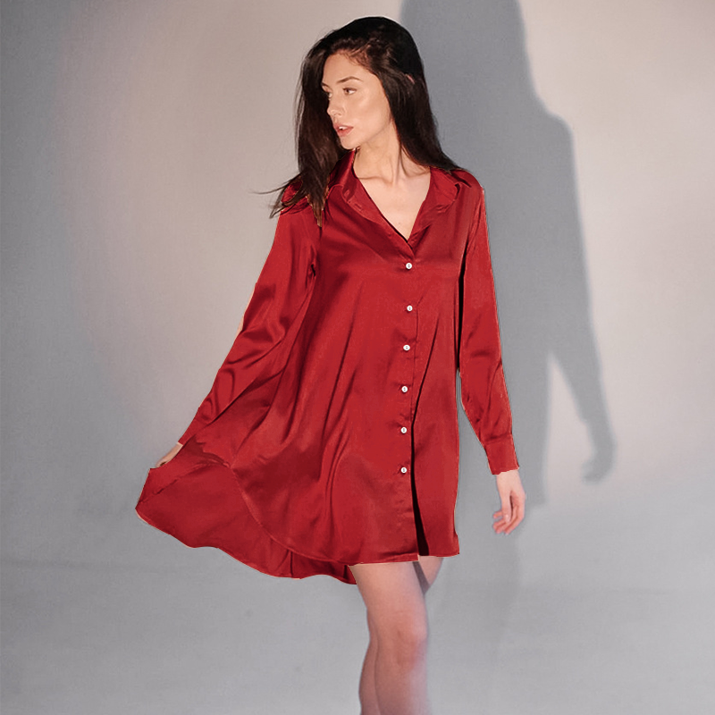 22 Momme Red Long Sleeve Silk Chemise Nightgown