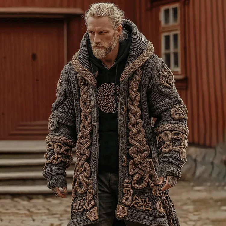 Men's Viking Celtic Geometry Pattern Art Knitted Hooded Cardigan