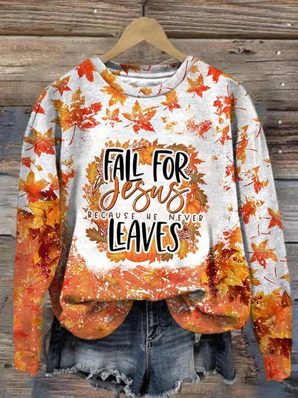 Women's Fall For Jesus He Never Leaves Print Casual Crewneck Sweatshirt