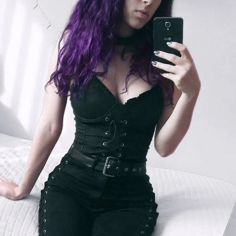 InsGoth Sexy Bandage Camis Women Gothic Black Spaghetti Strap Backless Bodycon Crop Tank Tops Female Vintage Camisoles Summer