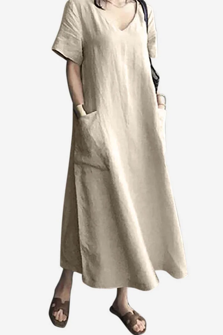V Neck Short Sleeve Pocket Linen Casual Midi Dress