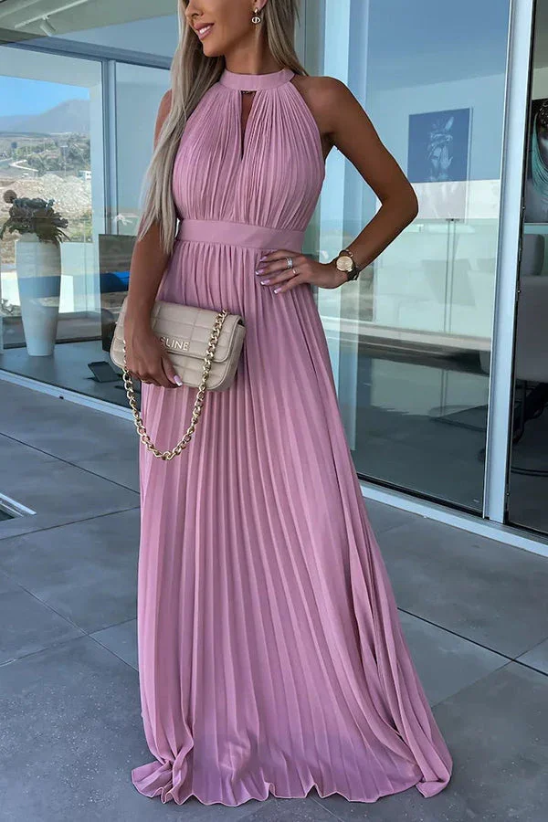 Ella Satin Halter Cutout Neck Backless Pleated Maxi Dress
