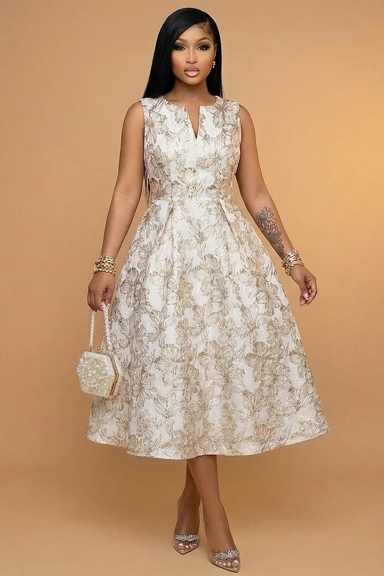 V Neck Sleeveless Cinch Waist Floral Gowns Maxi Dresses-Gold