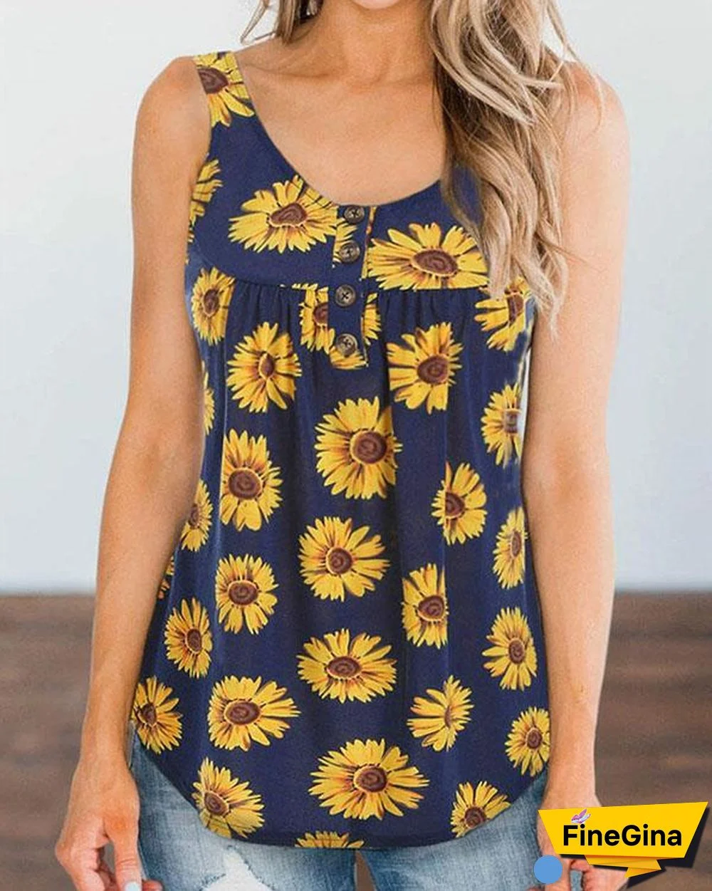 Plus Size Round Neck Button Decor Sunflower Print Tank Tops