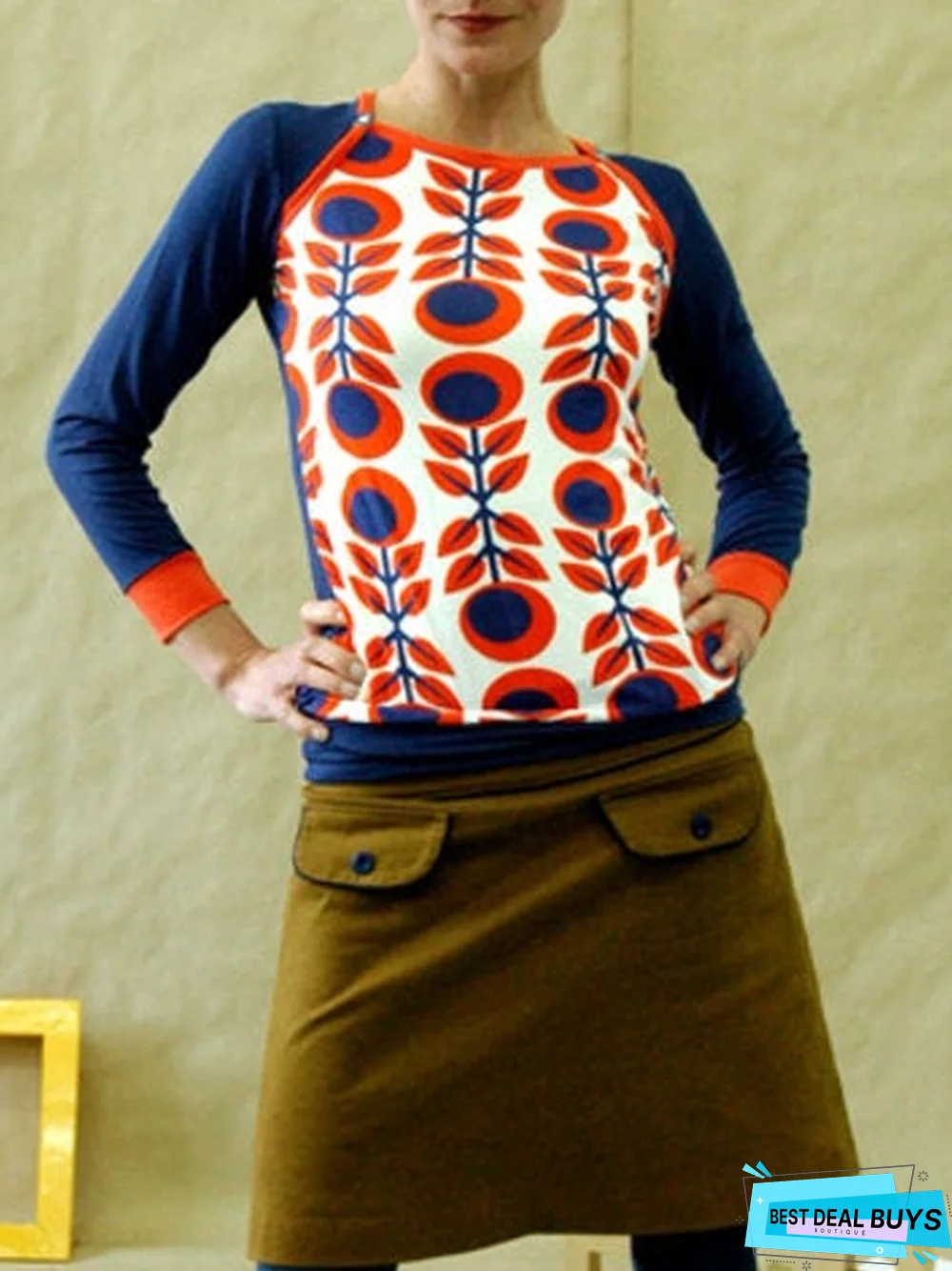 Casual Long Sleeve Floral-Print Crew Neck T-shirt