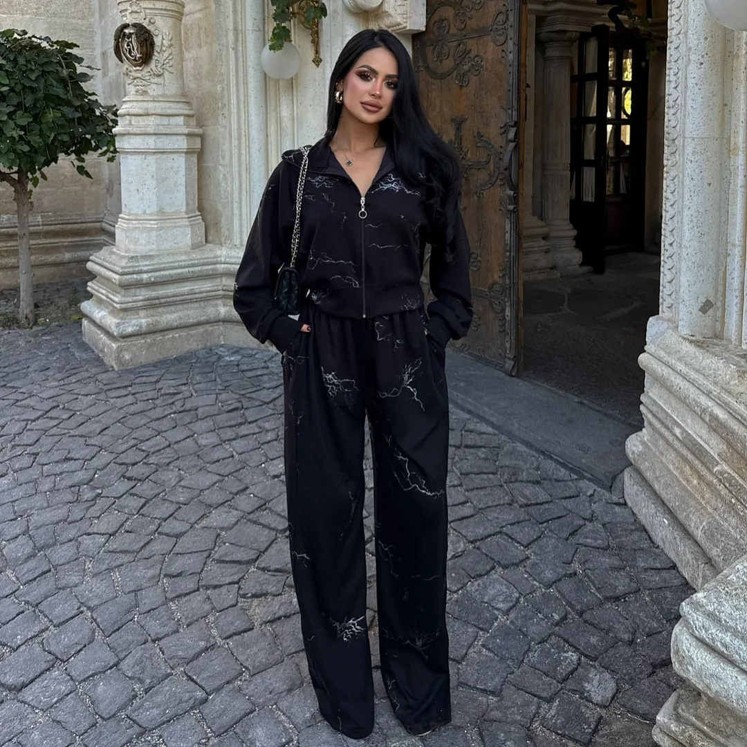 Athvotar Athvotar Push Branch Print Hooded Jacket Set Black And White Optional Loose Version Of Ultra-Comfortable Fashion Woman