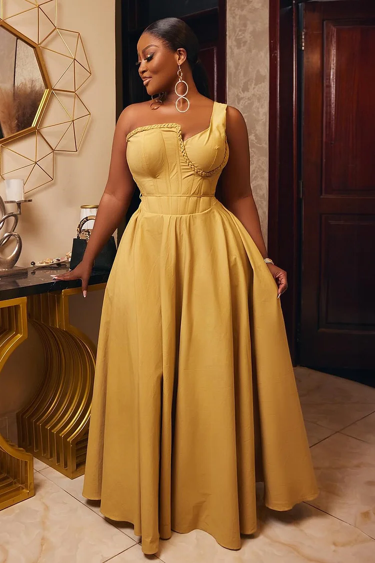 Irregular Neck Braided Trim A-Line Party Maxi Dresses-Yellow [Pre Order]