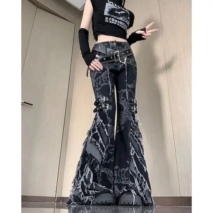 Punk Gothic Black Print Flare Pant