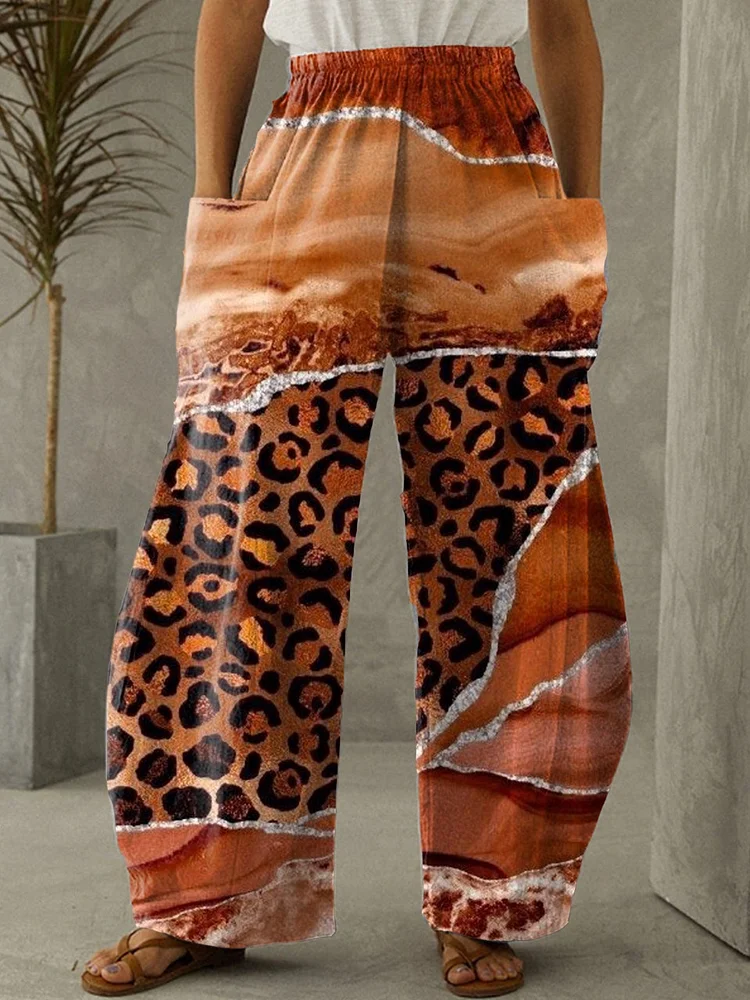 Women's Orange Leopard Tiger Art Print Elastic Waist Wide Leg Pants Trousers Casual Pants socialshop