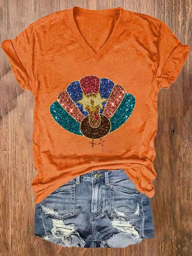 Women's Casual Thanksgiving Day Printed Short Sleeve T-Shirt 