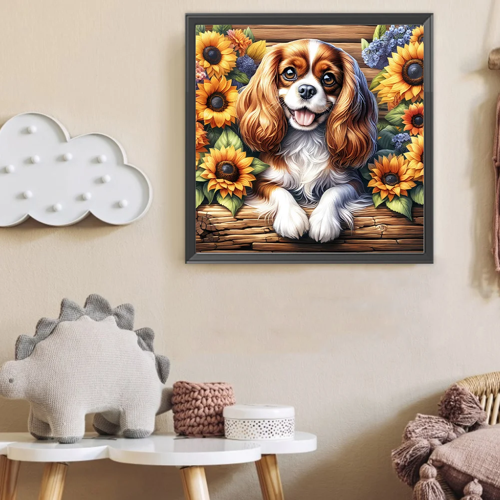 Diamond Painting - Full Round Drill - Sunflower King Charles Spaniel(Canvas|40*40cm)