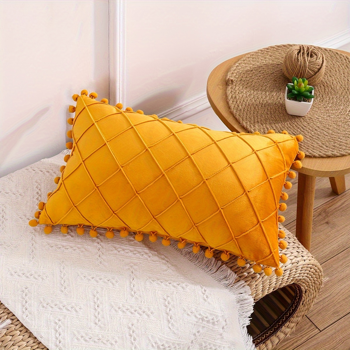 1PC Velvet Pom Pillow Cover - Luxurious Pleated Design for Home, Bedroom, Living Room & Sofa Decor - Stylish Accent Pillowcase (Pillow Insert Not Included)