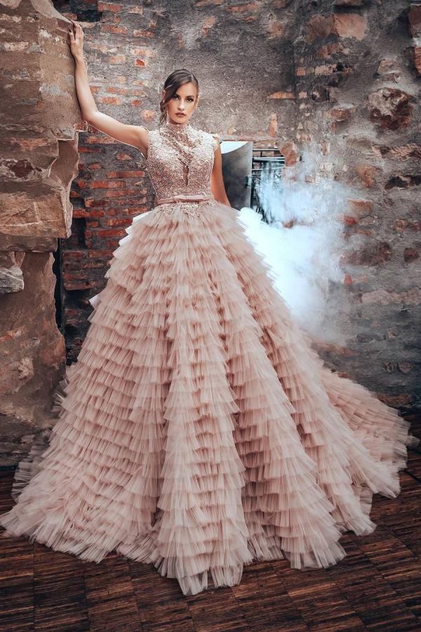 Charming Long High Neck Pink Princess A-line Wedding Dress With Tulle | Ballbellas Ballbellas
