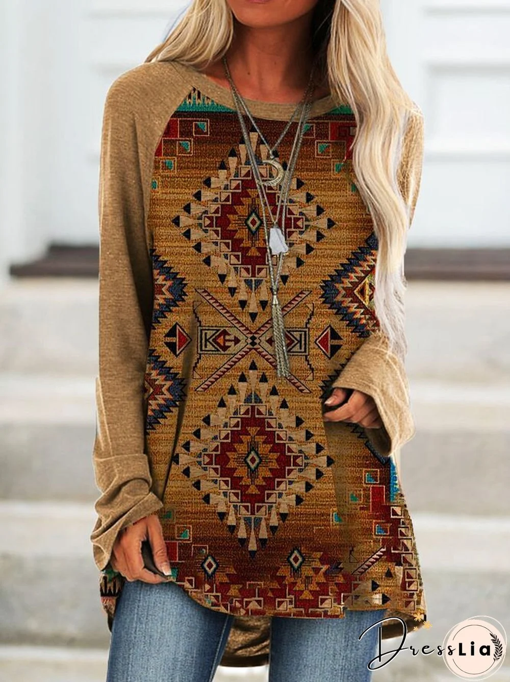 Geometric Round Neck Printed Long Sleeve T-shirt