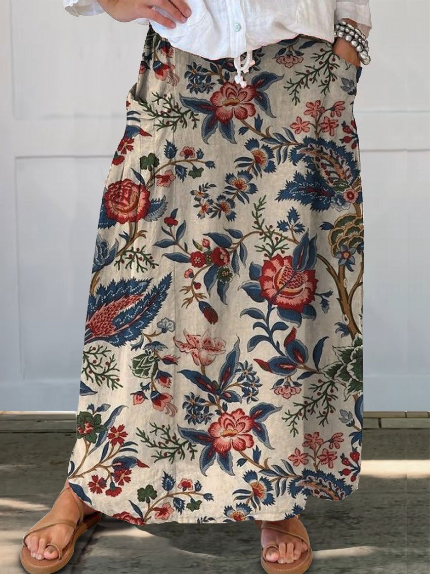 Women's  Floral Print Linen Pocket Skirt