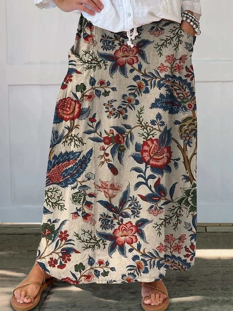 Women's  Floral Print Linen Pocket Skirt