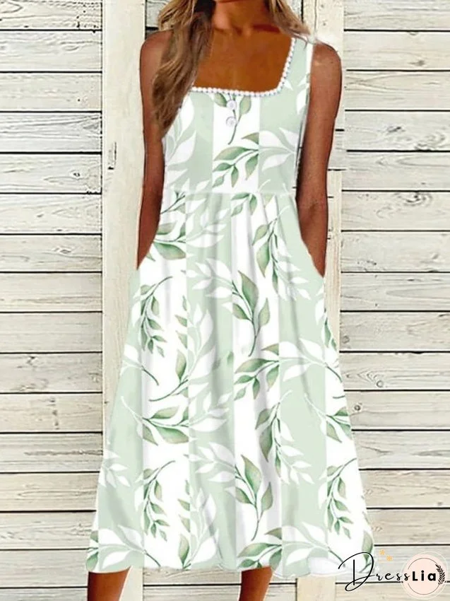 Casual Dress Midi Dress Green Sleeveless Print Ruched Summer Spring Square Neck Stylish S M L XL XXL 3XL for Women