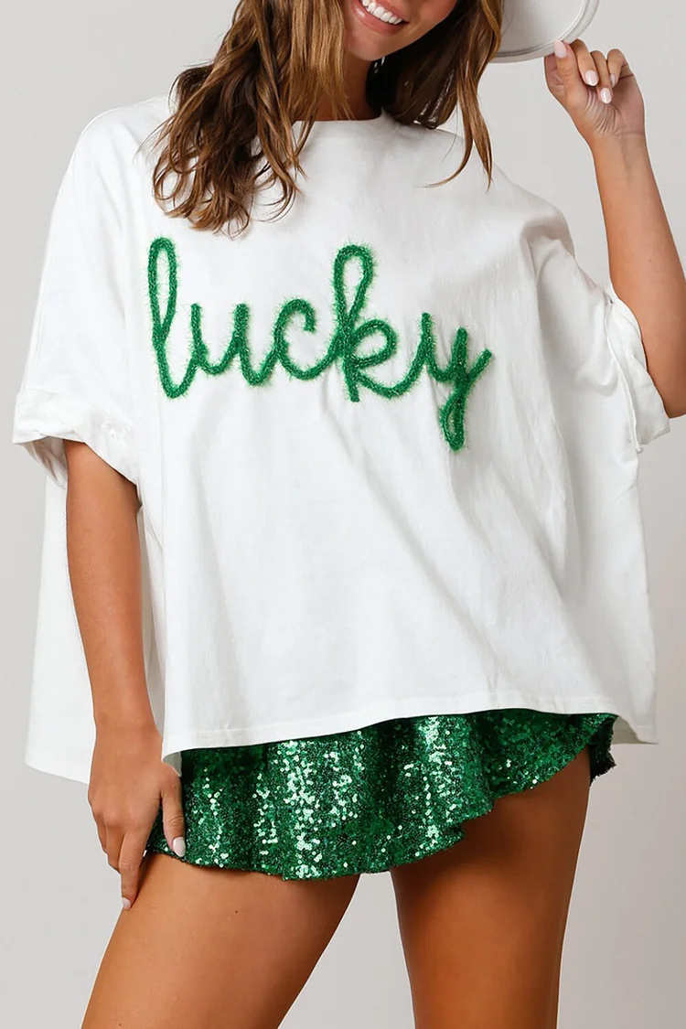 Sequined Shamrocks Pattern St. Patrick's Day Loose Fit Casual T-shirt-White