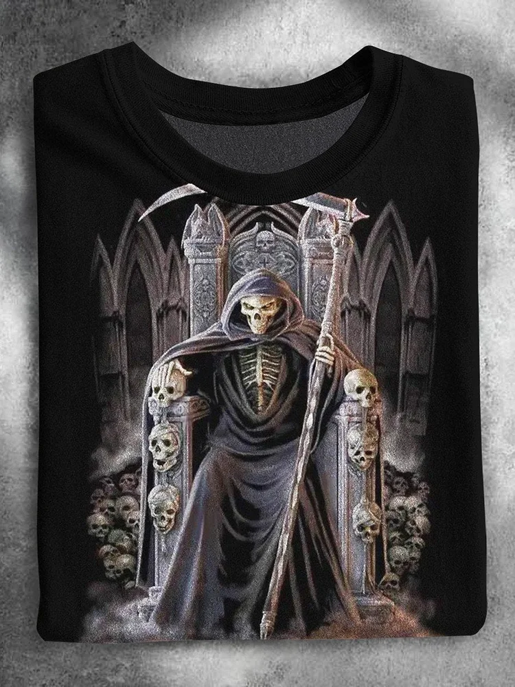 Halloween Grim Reaper Ghost Skull Print Casual T-Shirt