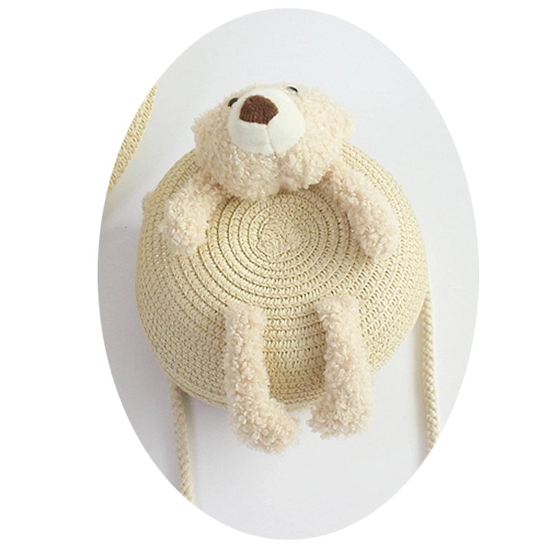 Girl’s Small Straw Flower Bow Knot Cute Round Zipper Crossbody Bag