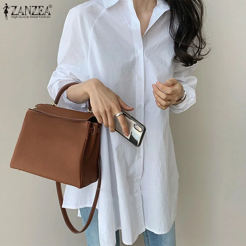 ZANZEA Women Autumn Blouse 2022 Fashion Lapel Long Sleeve White Shirts Asymmetrical Tops Casual Solid Buttons Blusas