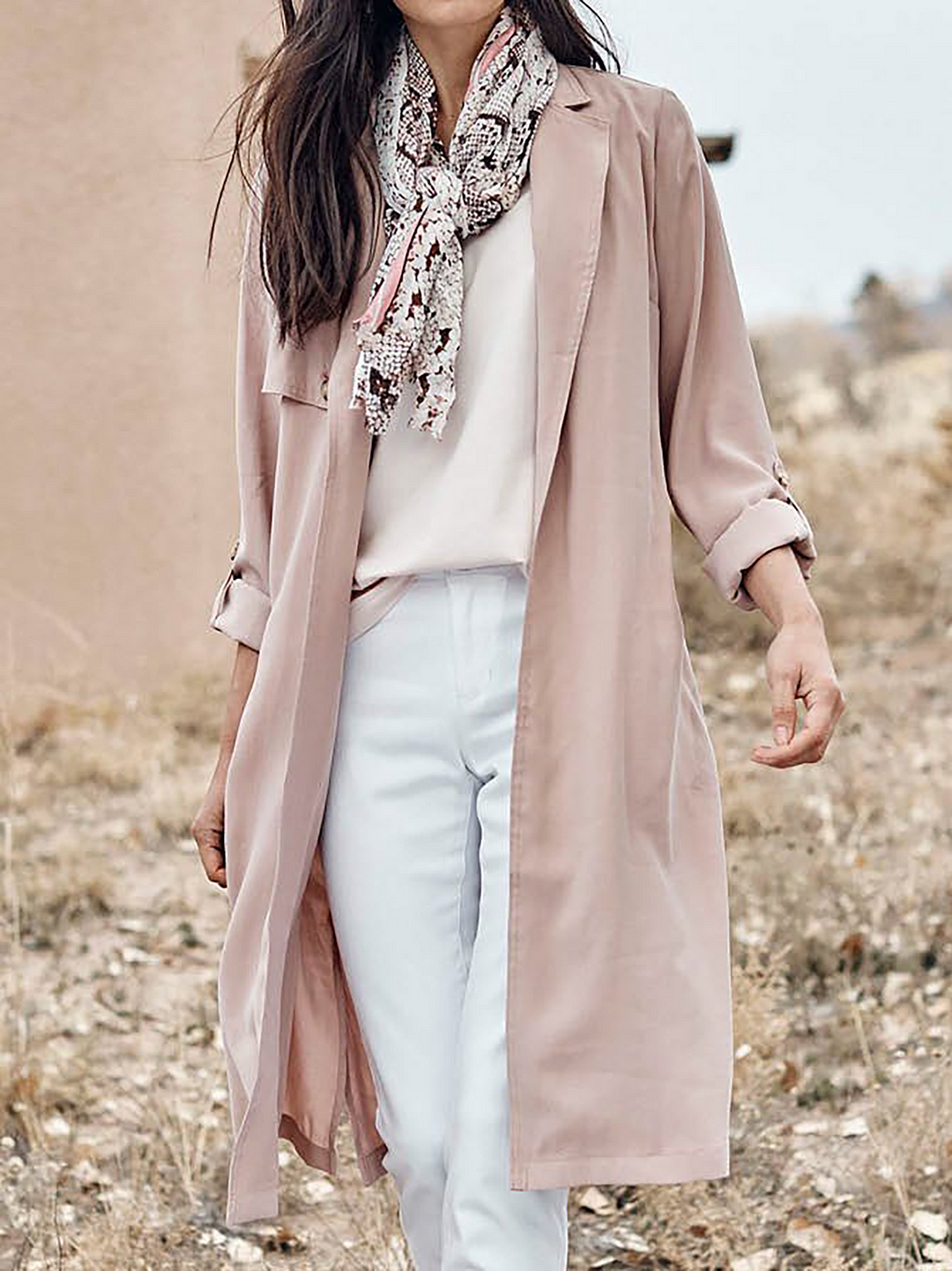 Women Casual Plain Autumn Polyester Micro-Elasticity Standard Lapel Collar Mid-long H-Line Trench coat