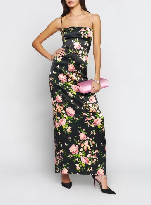 French Vintage Floral Print Floral Strap Dress Tight Waist Slimming Close Fitting Maxi Dress Back Split